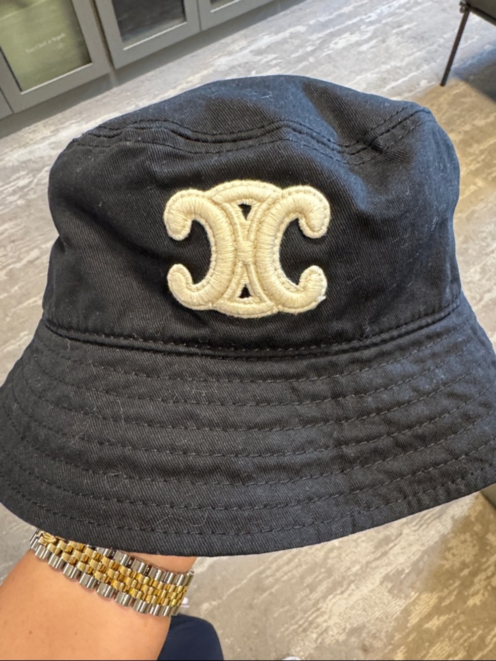 Celine Black Hat with Yellow Embroidered Logo